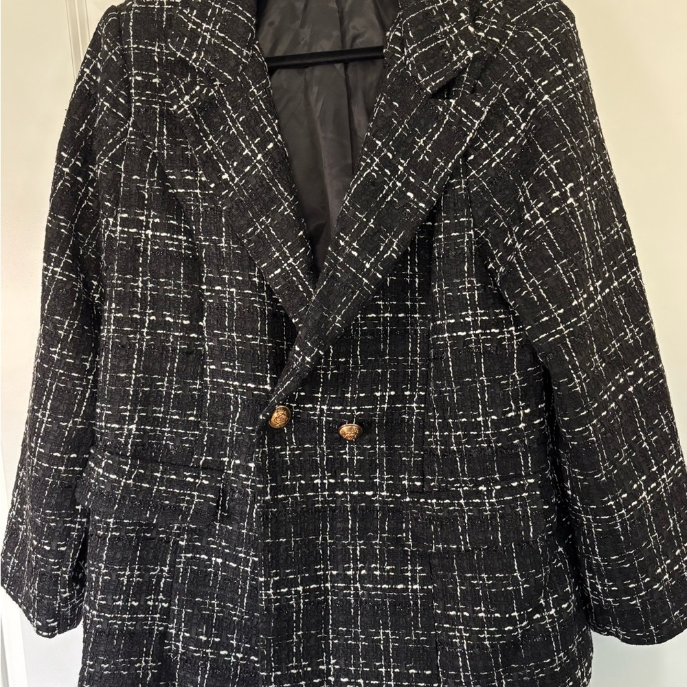 Women's Black and White Tweed Blazer Jacket